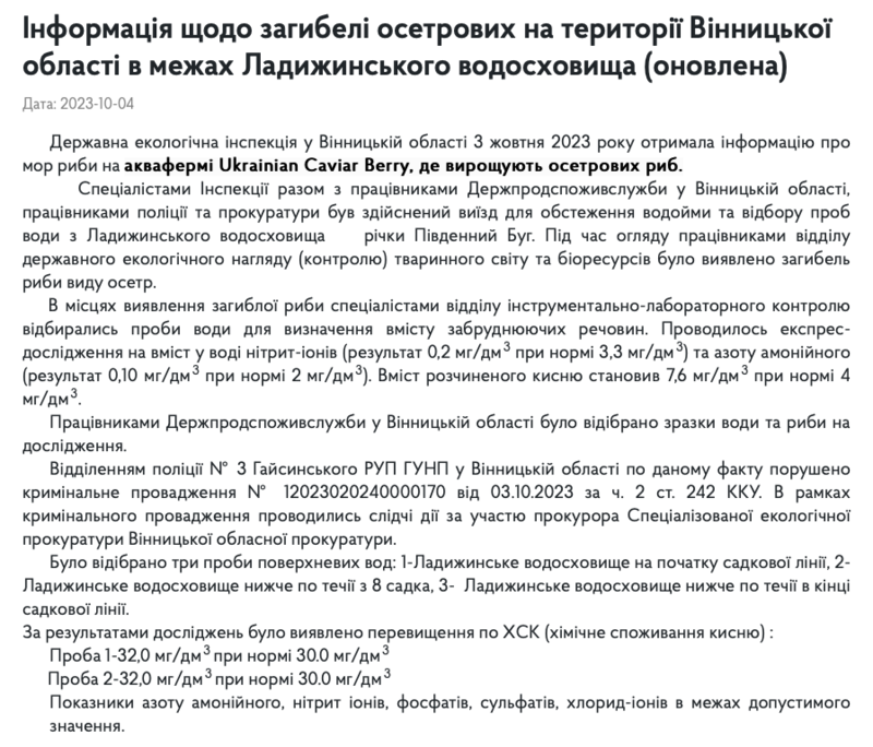 у Держекоінспекції Вінницької області оприлюднили результати досліджень.
