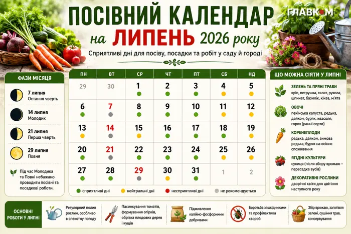 Липень на городі: Місячний посівний календар на липень 2026 року