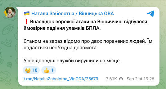 На Вінниччині впали уламки російського БпЛА